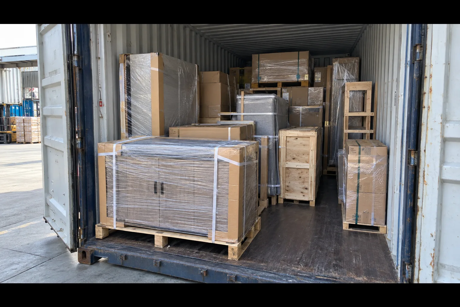 Protected project components and coded crates prepared for container loading