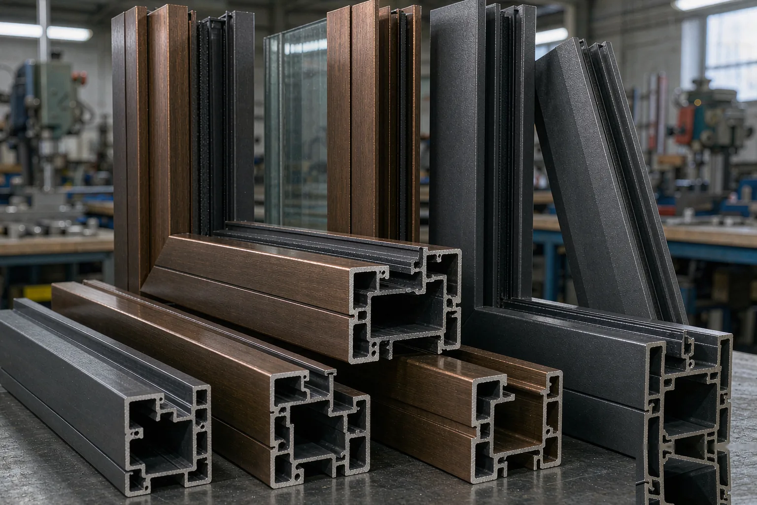 Aluminum window frame profiles with thermal break cross-sections on a workshop bench