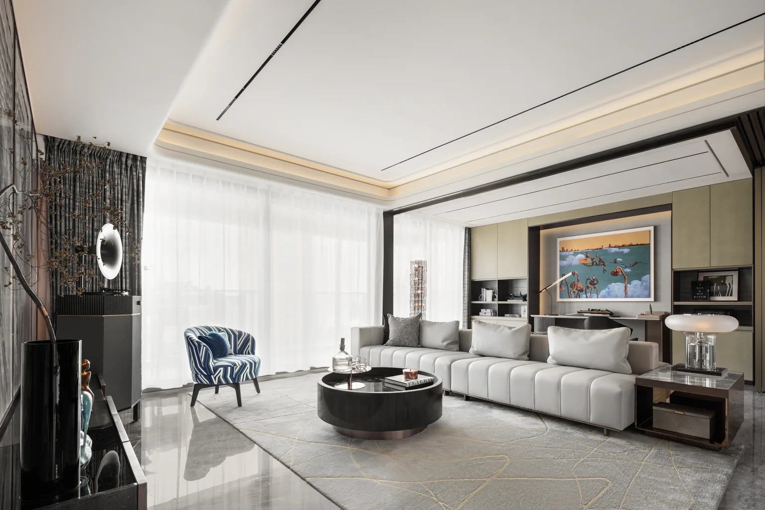 Contemporary apartment interior with coordinated wall finishes