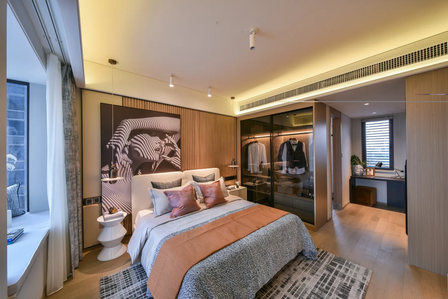 United States residence bedroom with coordinated wall panels and furniture