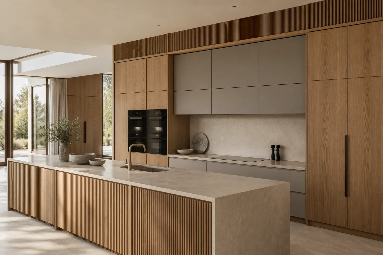 Custom oak and warm-gray kitchen cabinetry with integrated stone surfaces