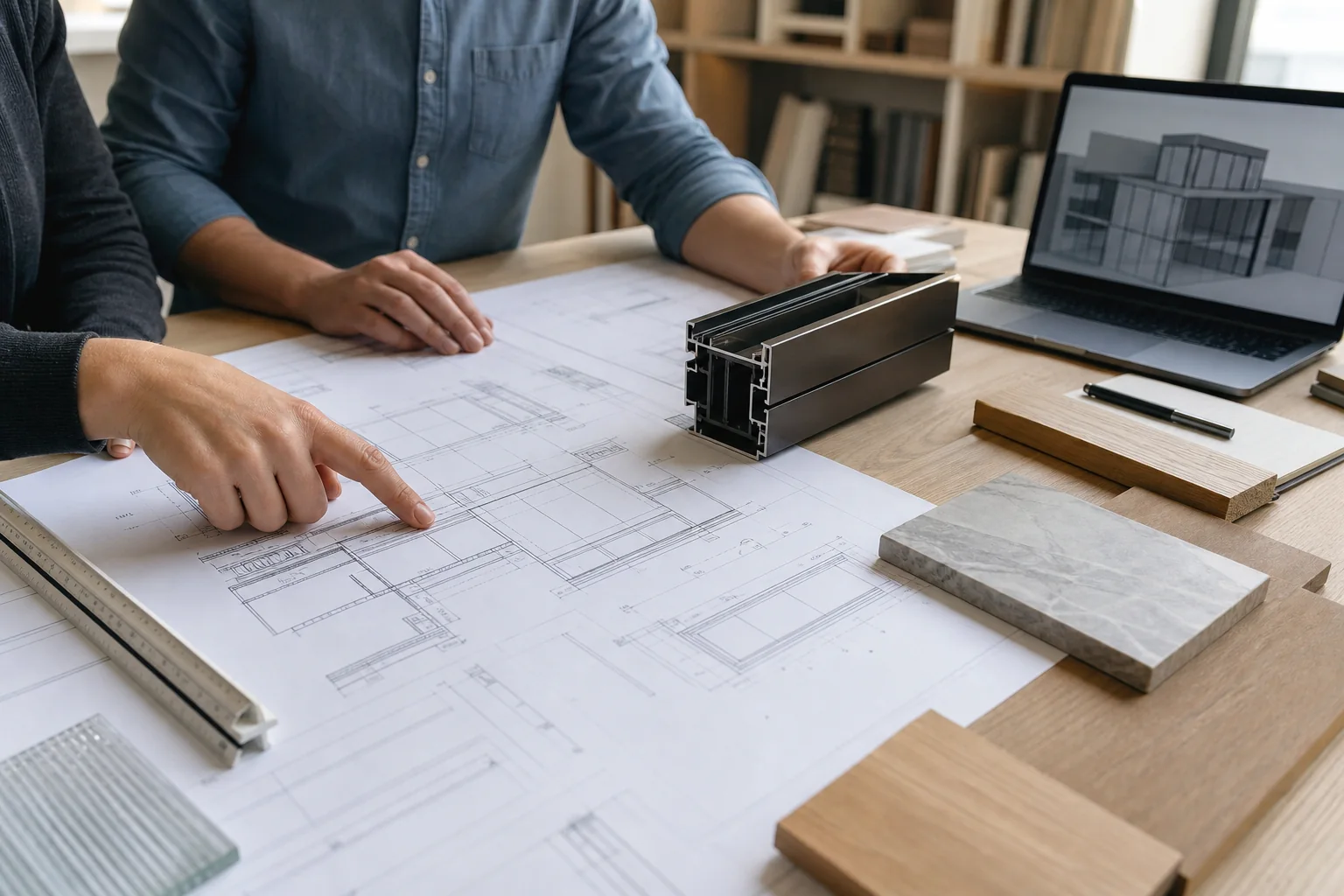 Illustrative technical coordination review with architectural drawings, aluminum profile and material samples