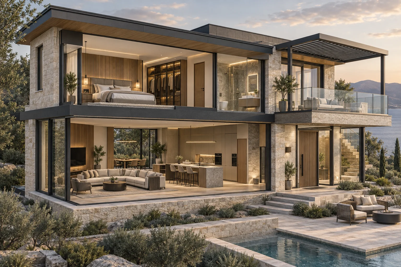 Illustrative cutaway villa connecting windows, facade, kitchen, wardrobes, bathroom, flooring, furniture and lighting in one package