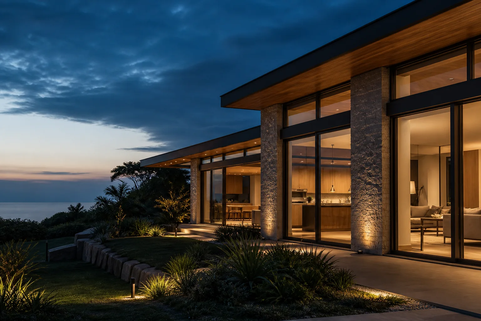 Contemporary villa with coordinated glazing, stone facade and warm interior fit-out