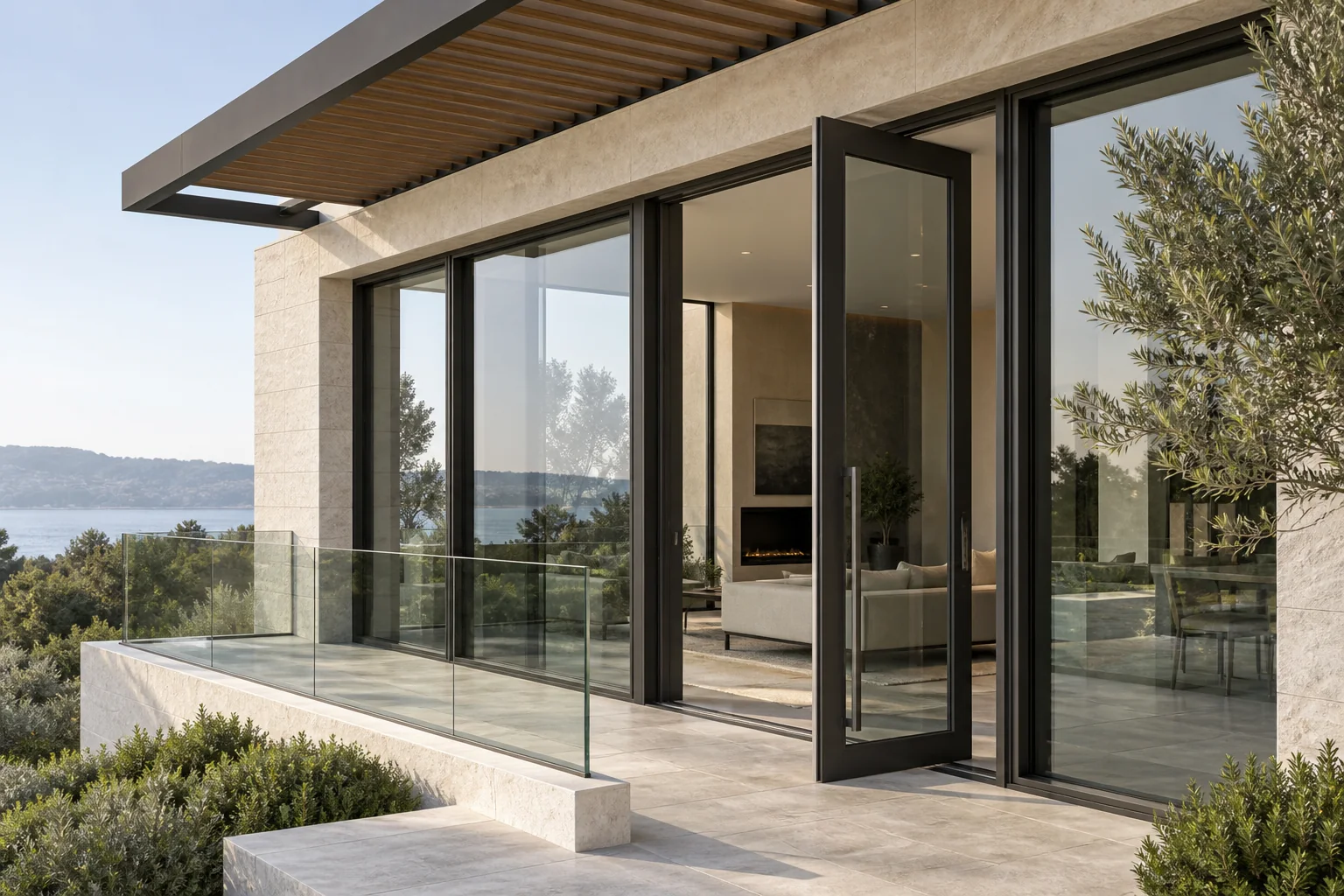 Concept visualization of coordinated aluminum glazing, exterior door, stone facade, pergola and glass railing systems