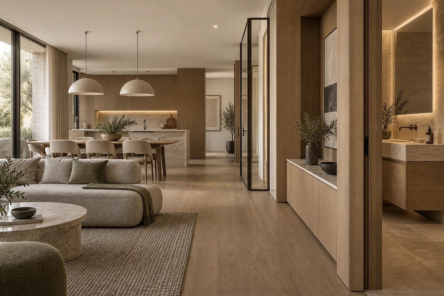 Concept visualization of coordinated cabinetry, stone surfaces, timber flooring, interior glazing, bathroom finishes and furniture