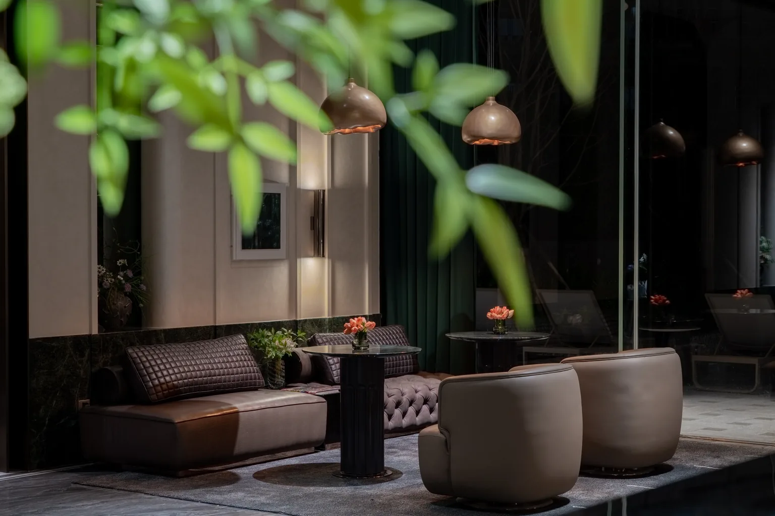 Boutique hotel interior with layered decorative wall treatments