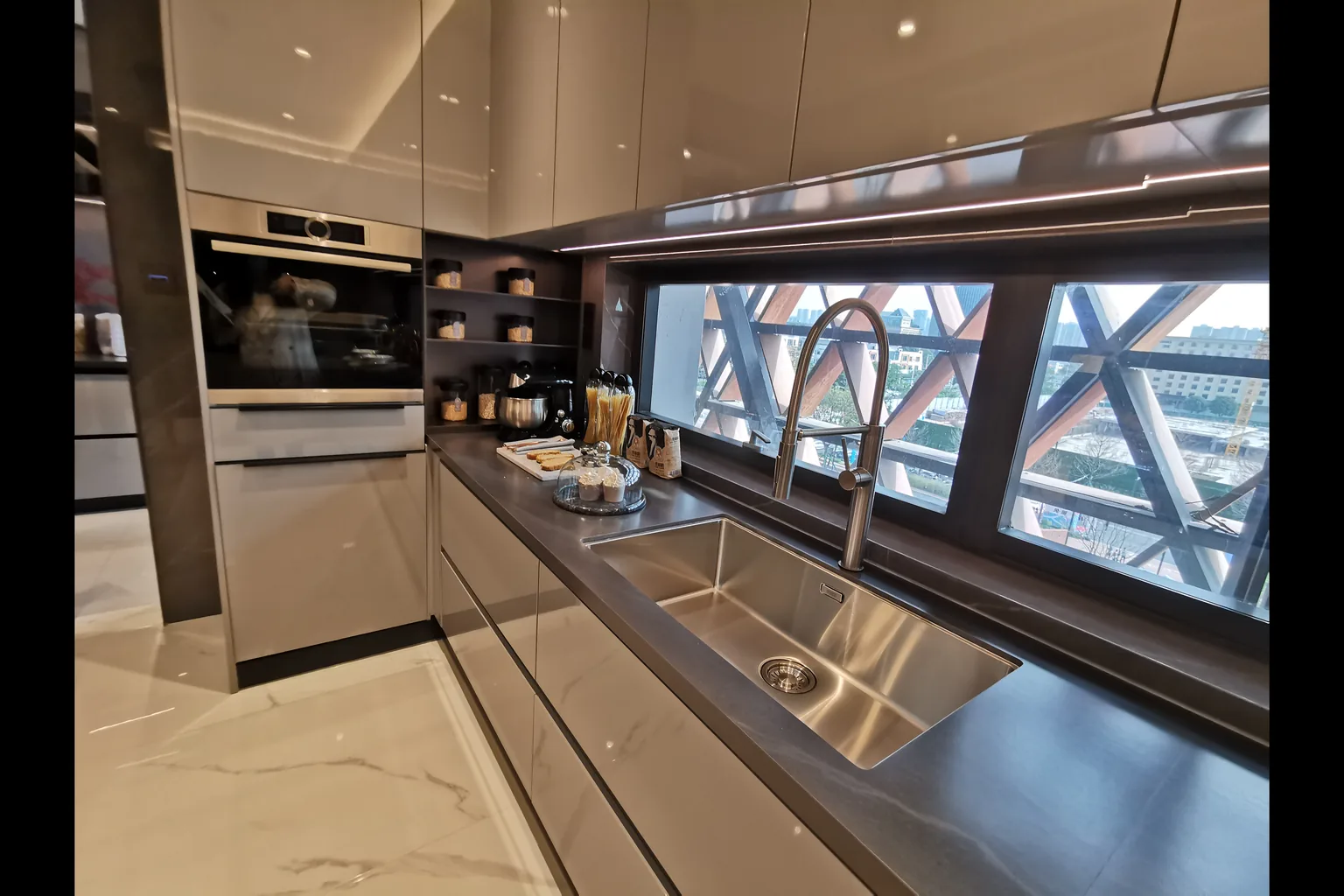 Integrated basin countertop and cabinetry detail