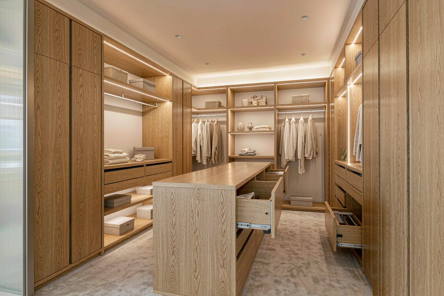 Custom oak walk-in wardrobe with handleless fronts and LED shelf lighting