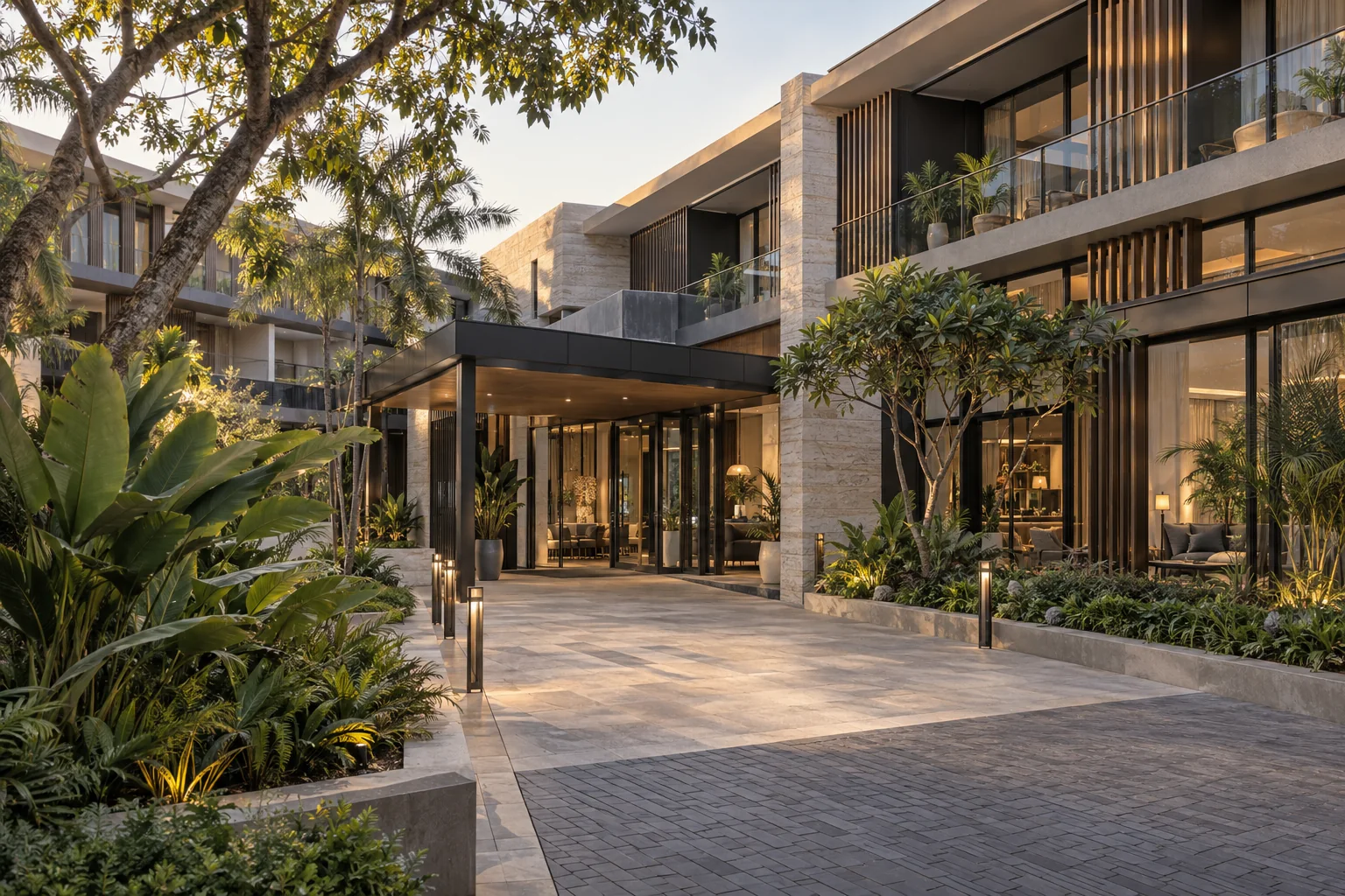 Contemporary African boutique hotel courtyard with shaded glazing stone screens and coordinated outdoor materials