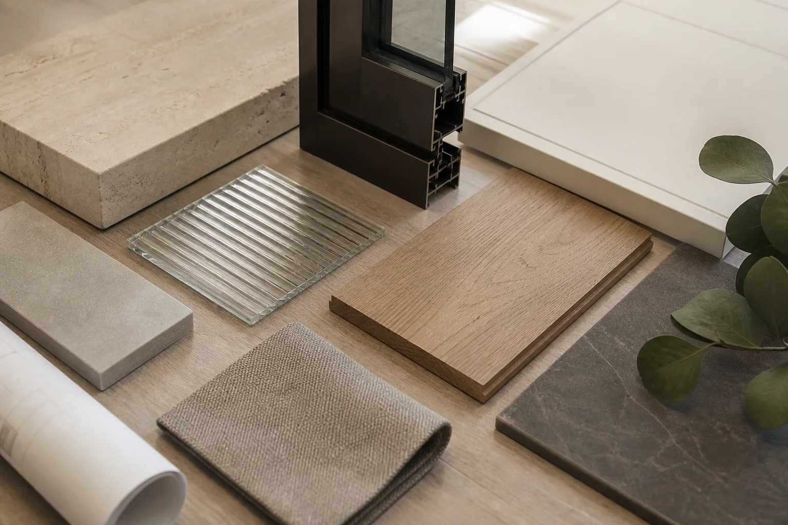 Stone, timber, metal, glass and textile samples arranged for building material sourcing