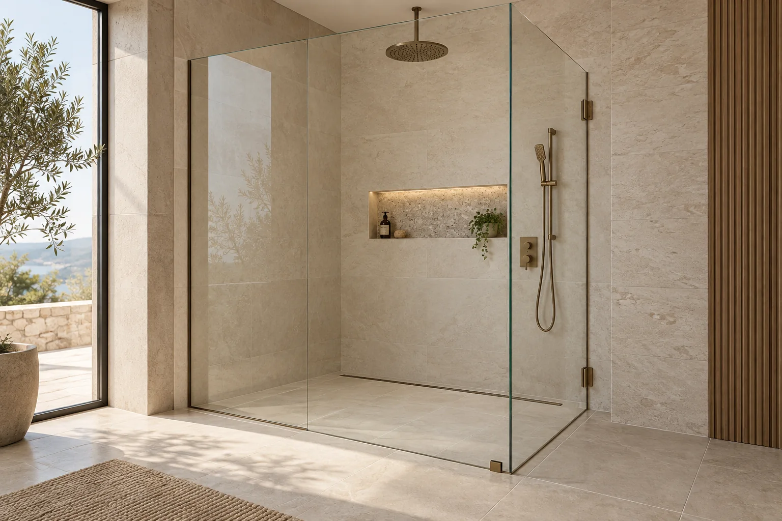 Frameless glass walk-in shower with bronze hardware and linear drain
