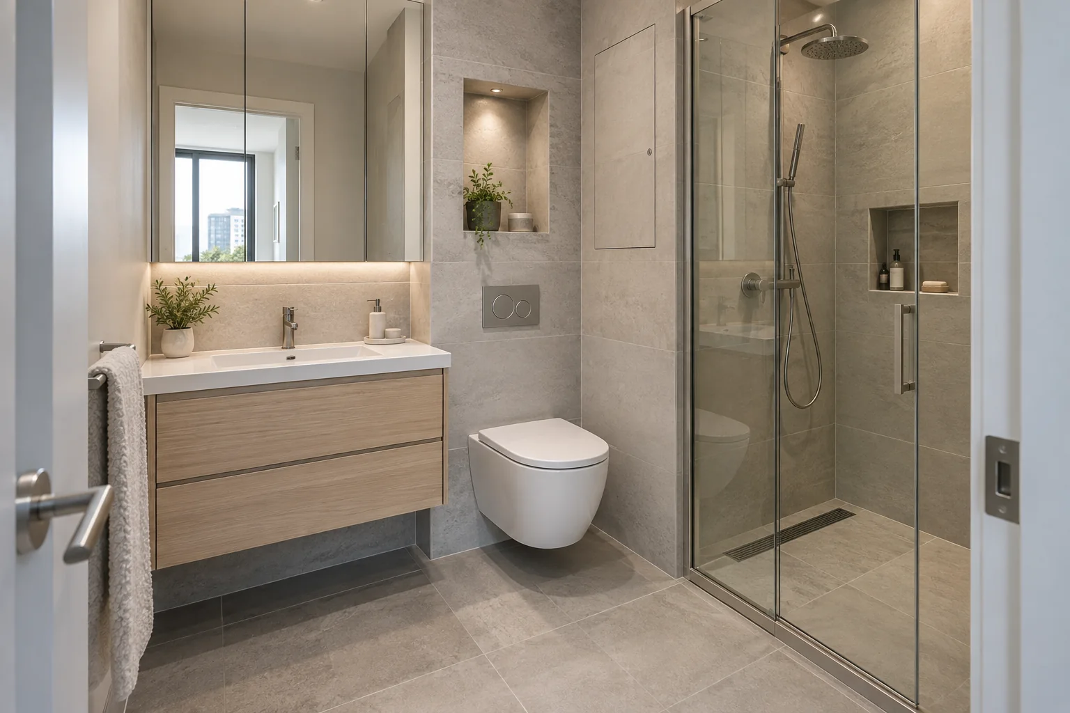 Compact repeatable apartment bathroom with wall-hung vanity toilet shower and service access