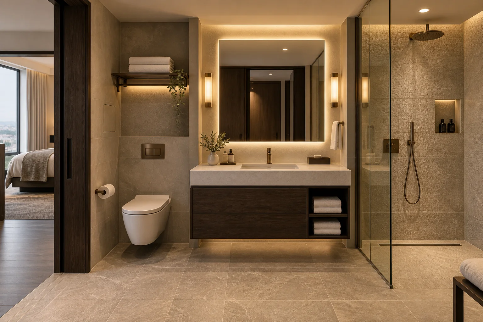 Boutique hotel guest bathroom with durable vanity rain shower and serviceable details