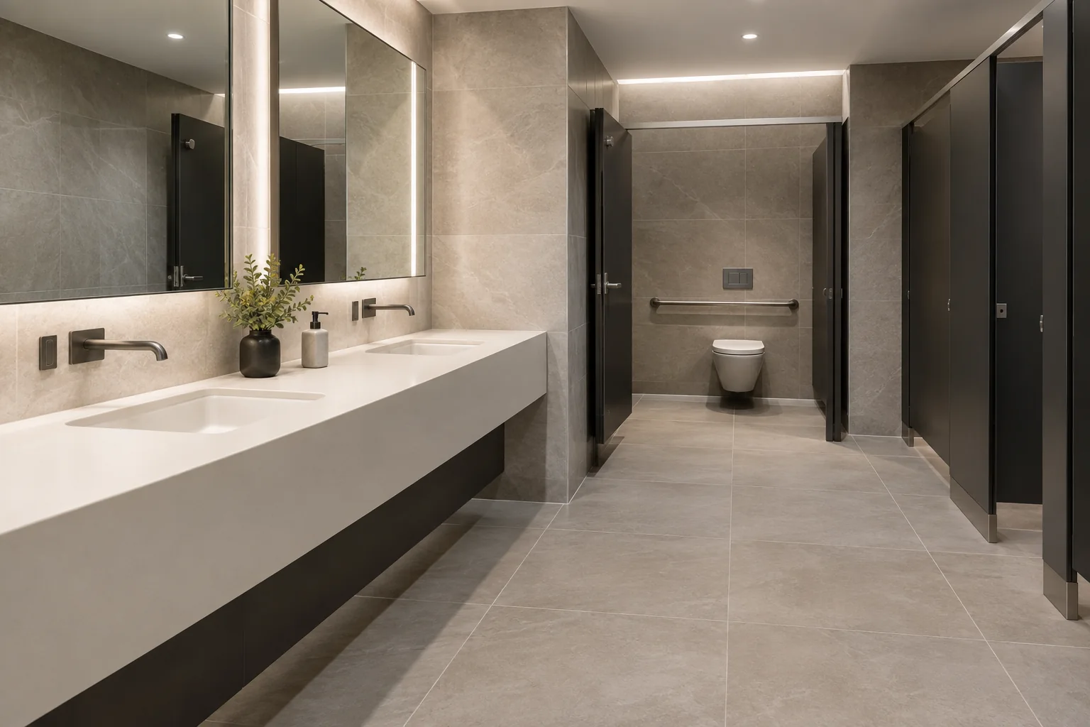 Accessible light-commercial washroom with solid-surface vanity durable porcelain and clear floor space