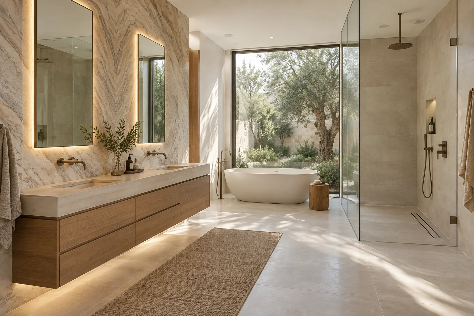 Luxury villa master bathroom with double vanity freestanding tub and frameless shower
