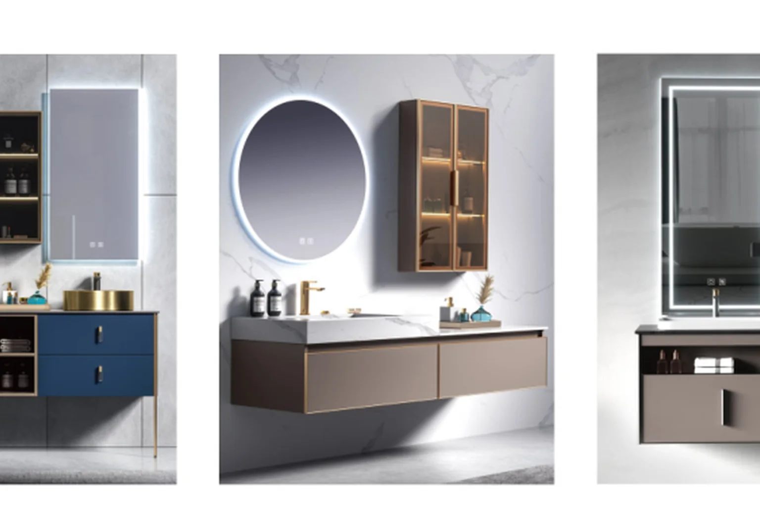 Bathroom vanity collection with floating and floor-mounted cabinet styles