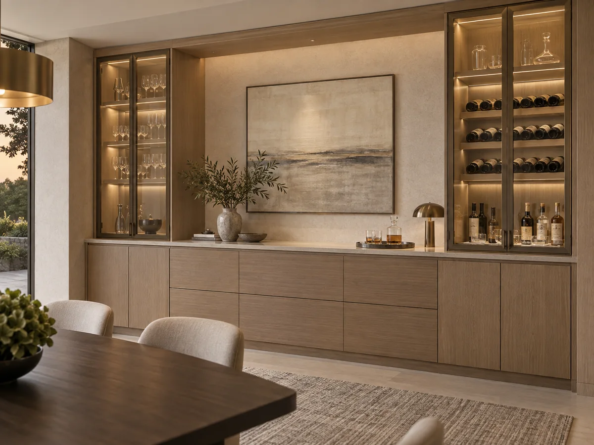 Custom oak dining sideboard and beverage cabinetry with stone counter and glass display doors