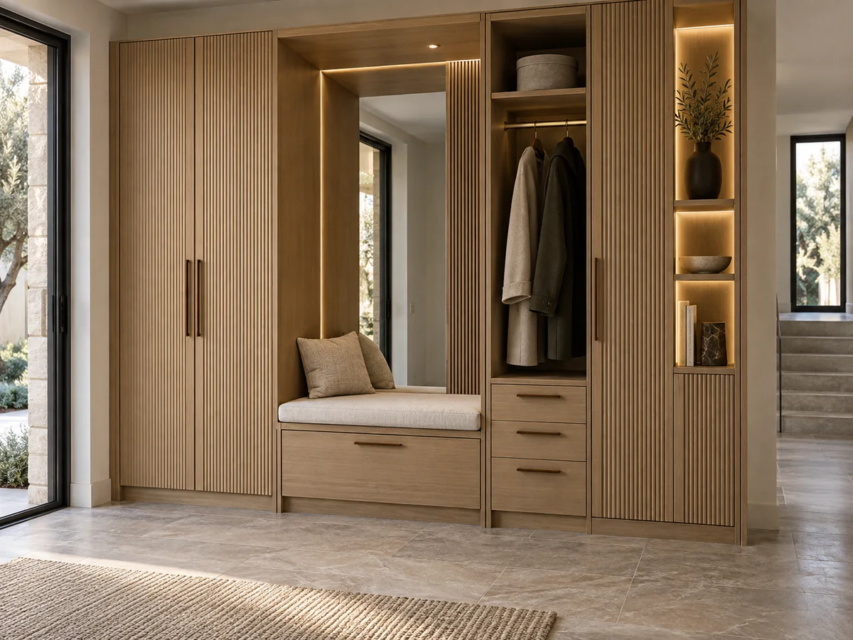 Custom oak entryway shoe and storage cabinetry with integrated bench and mirror