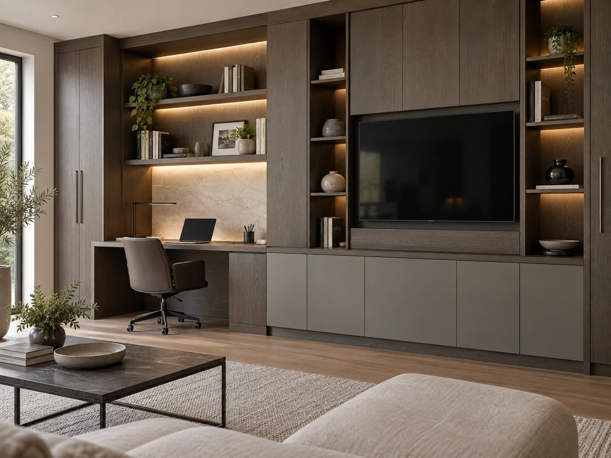 Integrated media wall with display shelves, closed storage and coordinated home office cabinetry