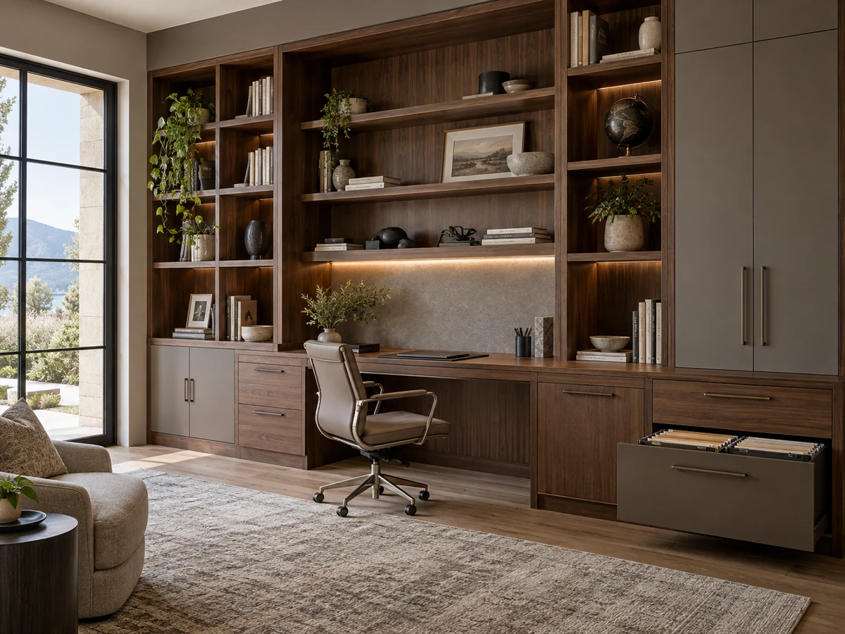 Walnut home office cabinetry with integrated desk, bookshelves, document storage and concealed cable management