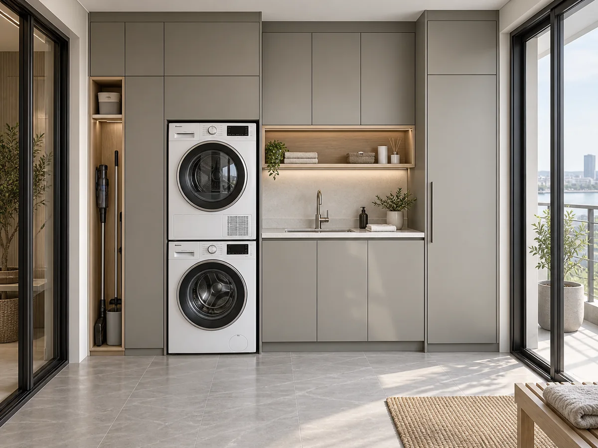 Custom laundry and balcony cabinetry with washer dryer, sink and tall utility storage
