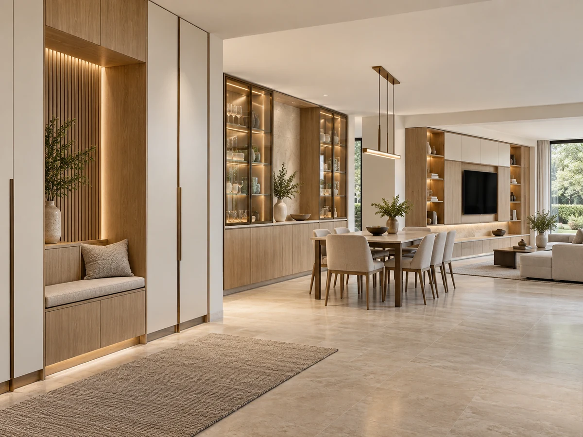 Coordinated whole-house entry, dining and living built-in cabinetry using matched oak, lacquer, glass and bronze finishes