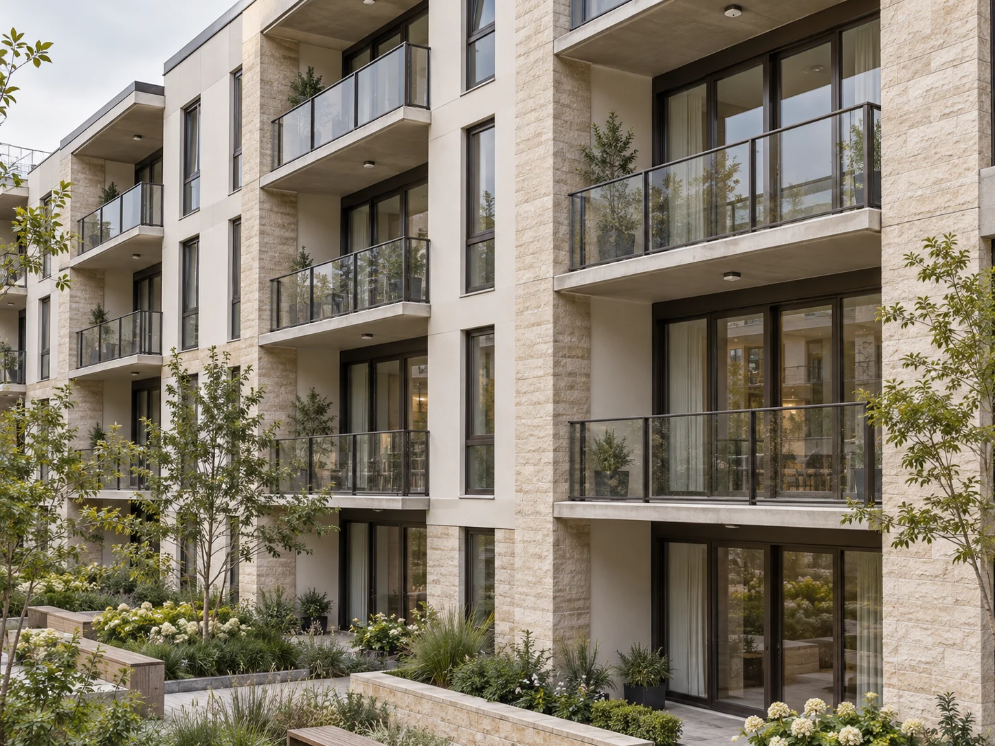 Repeated dark aluminum balcony and patio doors across a contemporary apartment façade