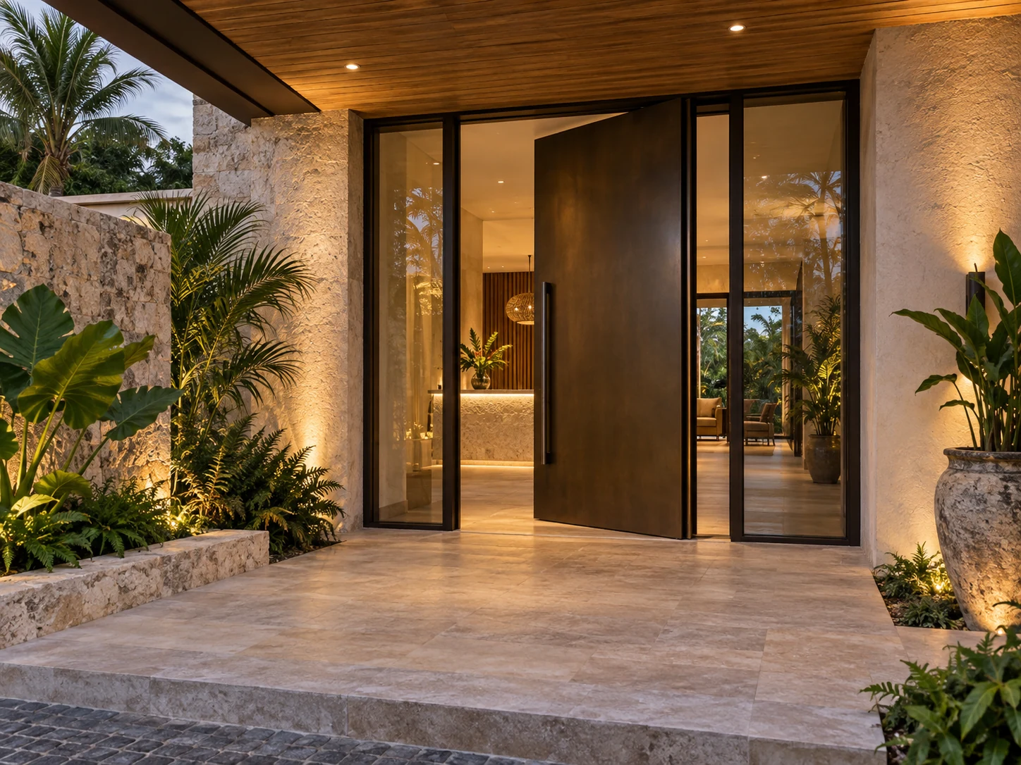 Dark bronze pivot entrance and glazed sidelights at a tropical boutique hotel