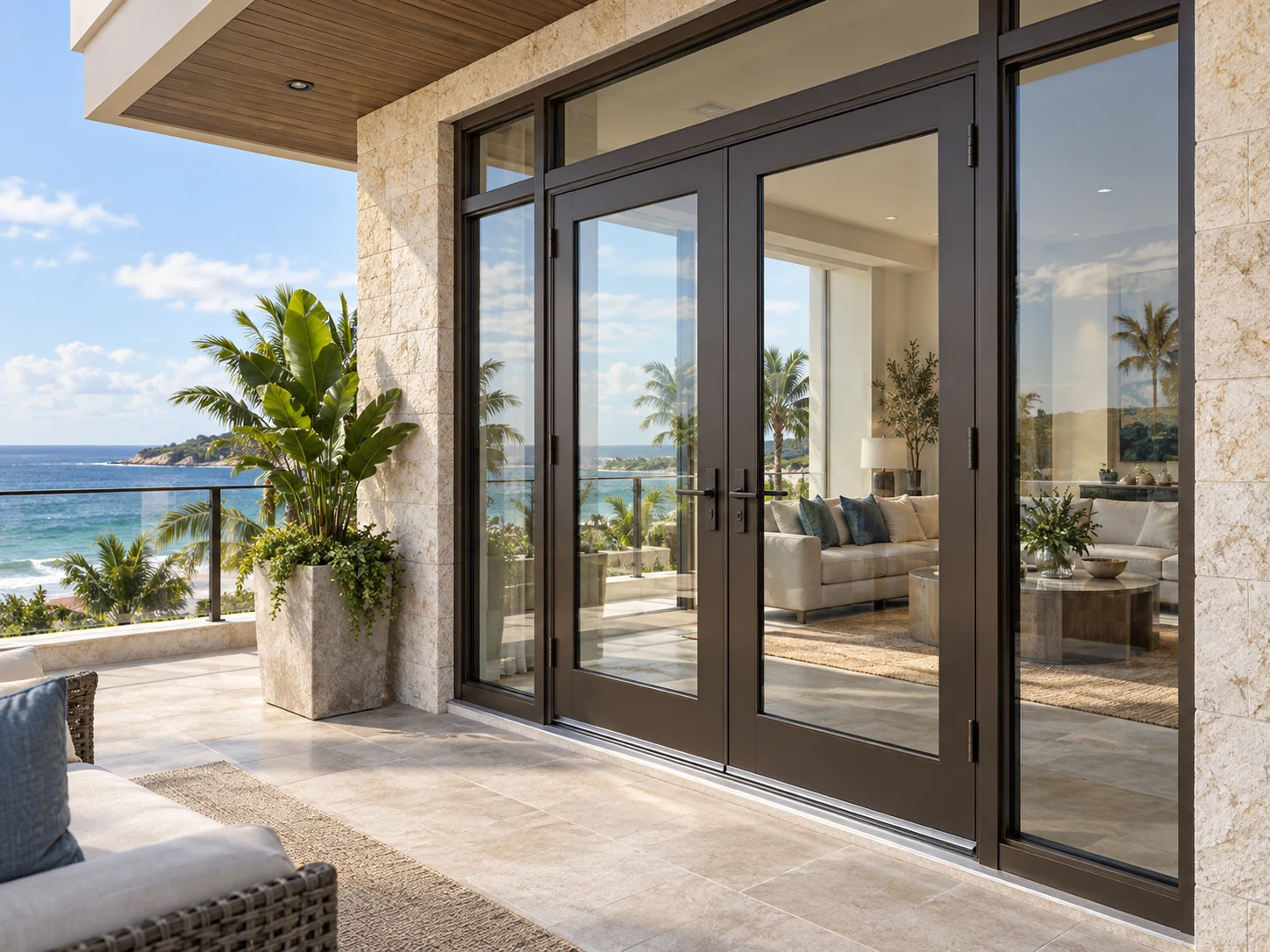 Dark bronze glazed aluminum exterior entrance assembly at a coastal hospitality building