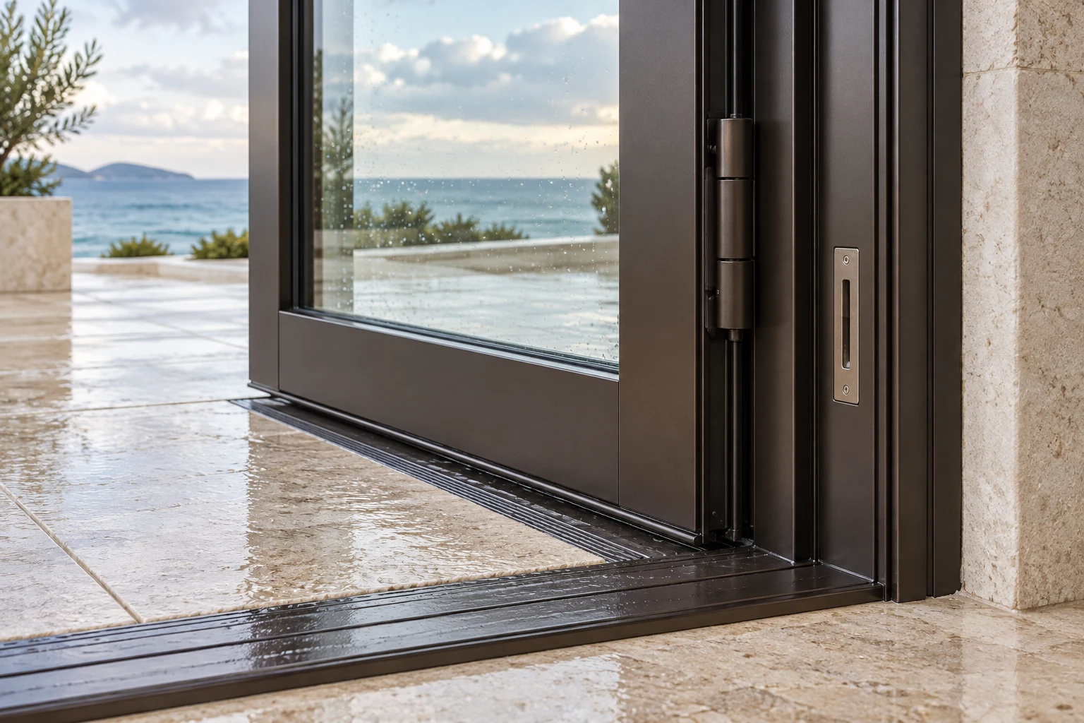Close view of an aluminum exterior door threshold, drainage path, glazing and hardware in a coastal setting