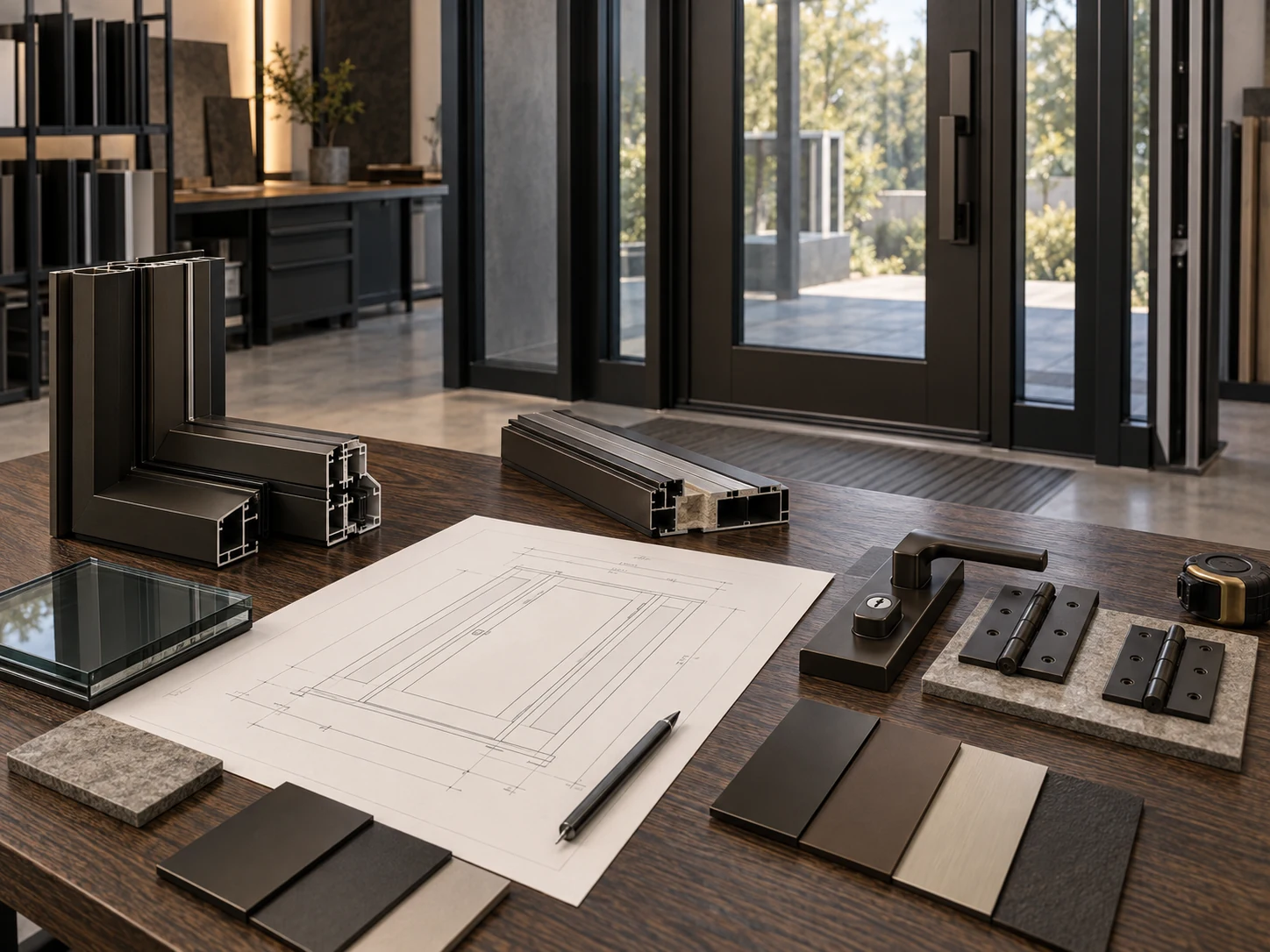 Exterior door specification review with aluminum profiles, threshold, glazing, hardware and finish samples