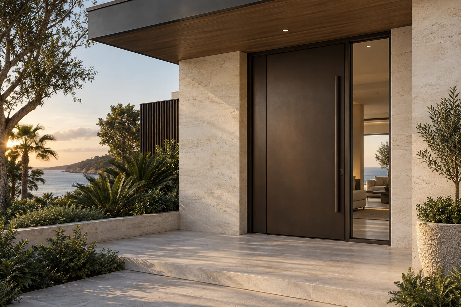 Dark bronze pivot entrance door with sidelight at a contemporary coastal villa