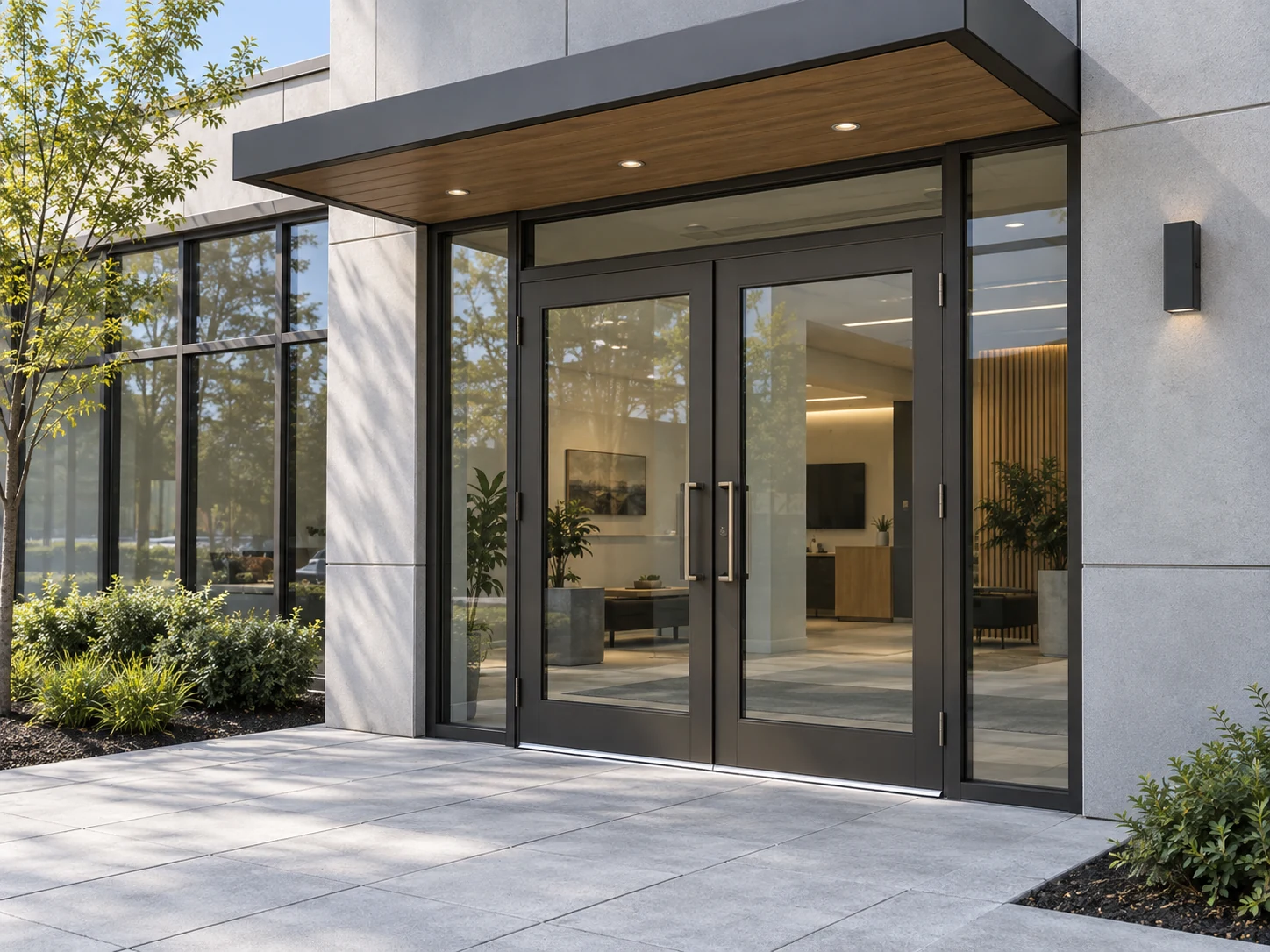 Glazed dark aluminum double entrance doors at a contemporary low-rise commercial building