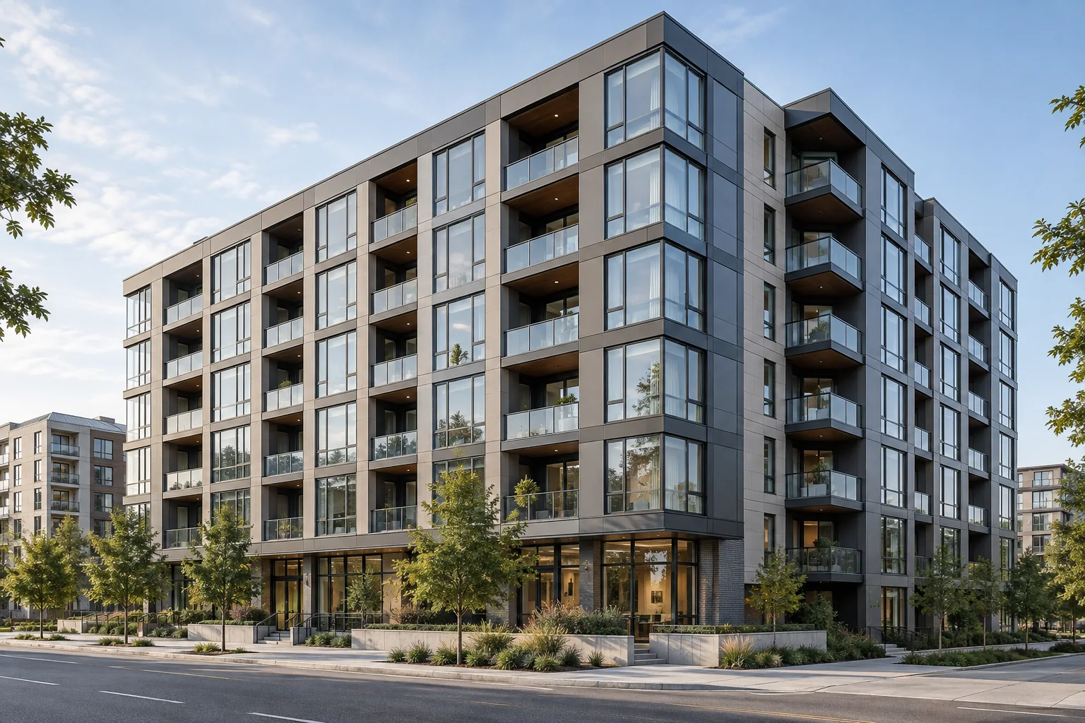 Mid-rise apartment building with repeatable glazed bays balconies and cladding