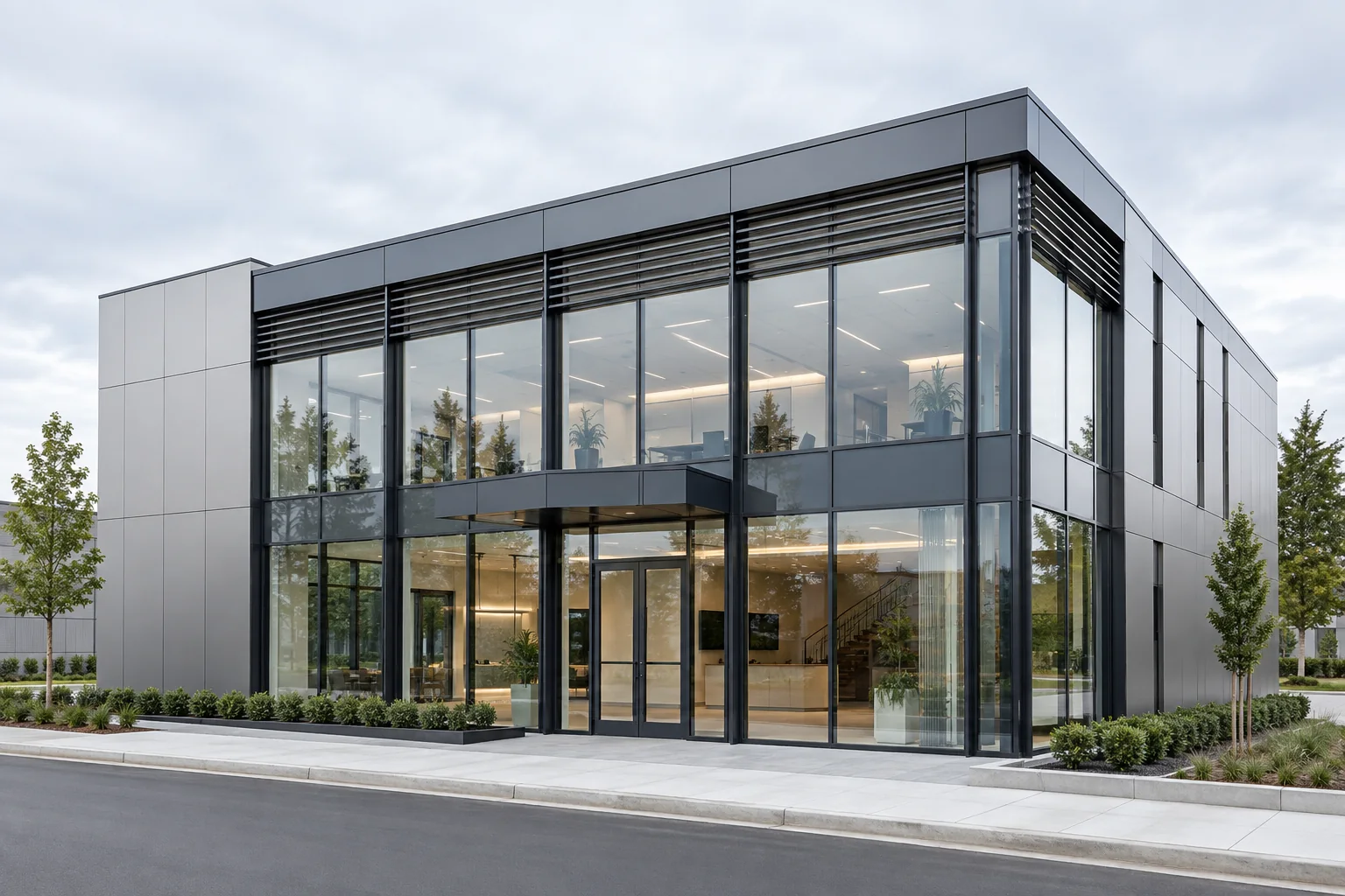 Two-storey showroom and office with glass curtain wall metal cladding and louvers