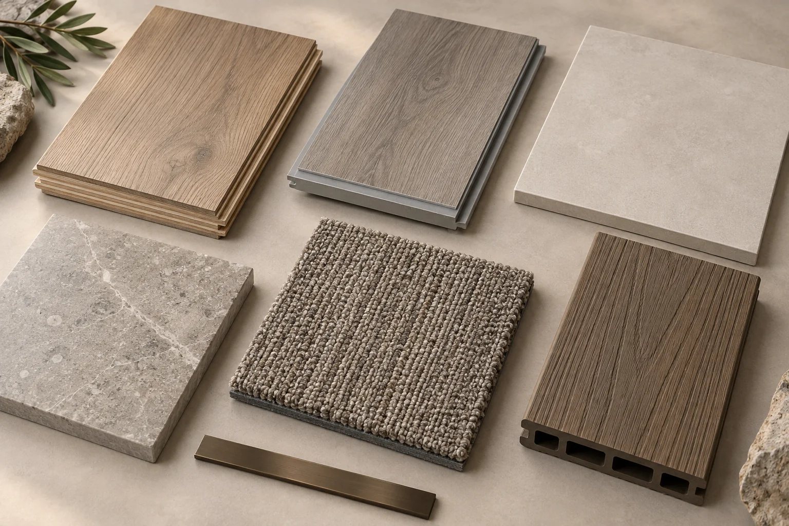 Flooring sample arrangement including rigid-core plank and other material families