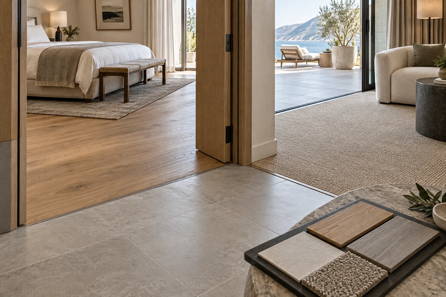 Boutique hotel suite with coordinated engineered wood carpet and porcelain flooring zones