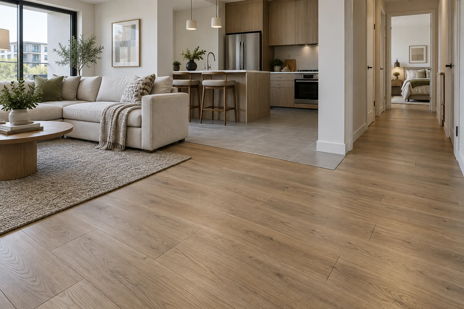 Apartment living kitchen and corridor with repeatable oak-look flooring and porcelain threshold