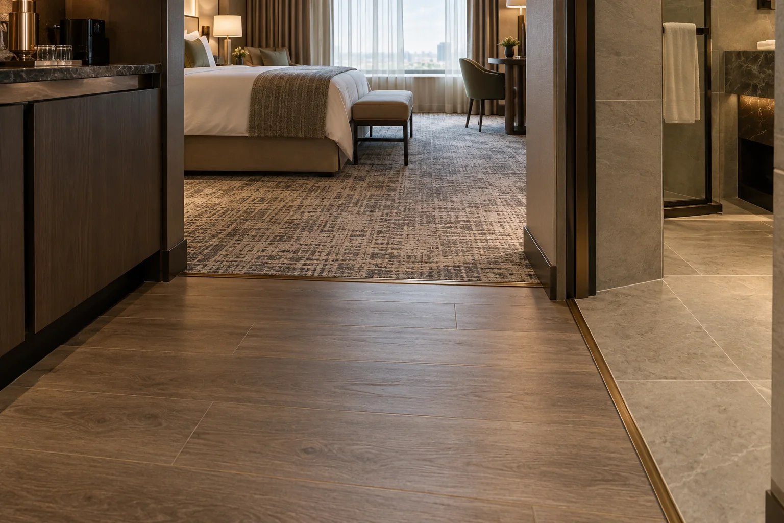 Boutique hotel guestroom threshold showing carpet resilient flooring porcelain and metal transitions