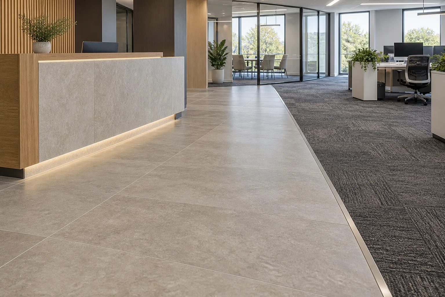 Light-commercial showroom and office with porcelain circulation path carpet tile and flush transition