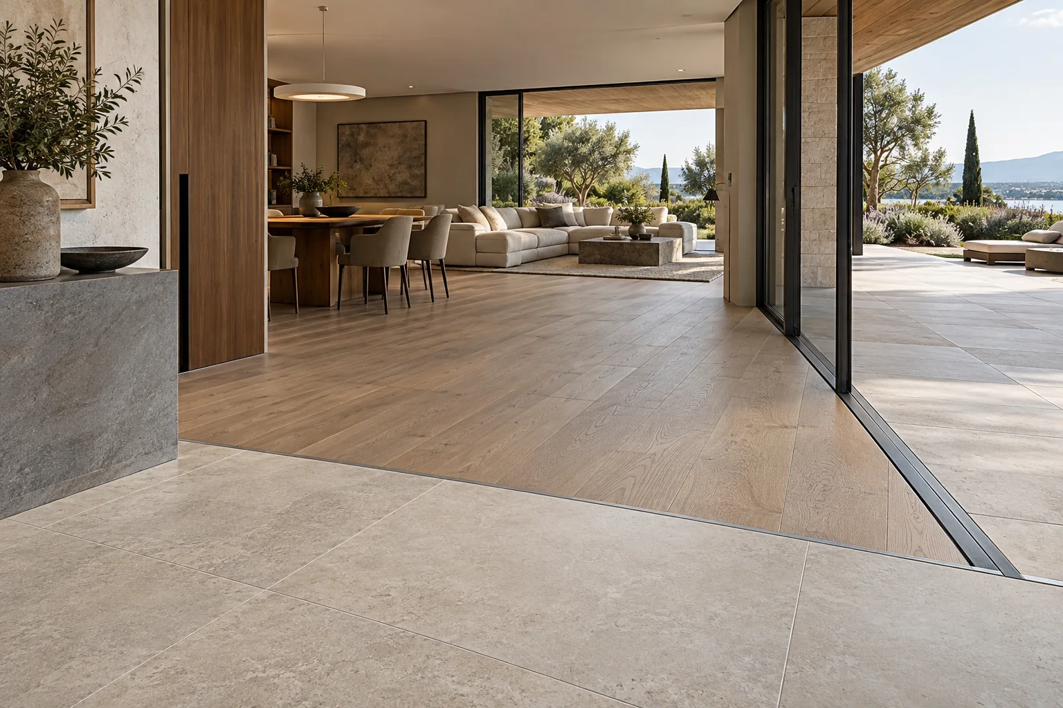 Luxury villa flooring palette with engineered oak stone entry and outdoor paving transitions