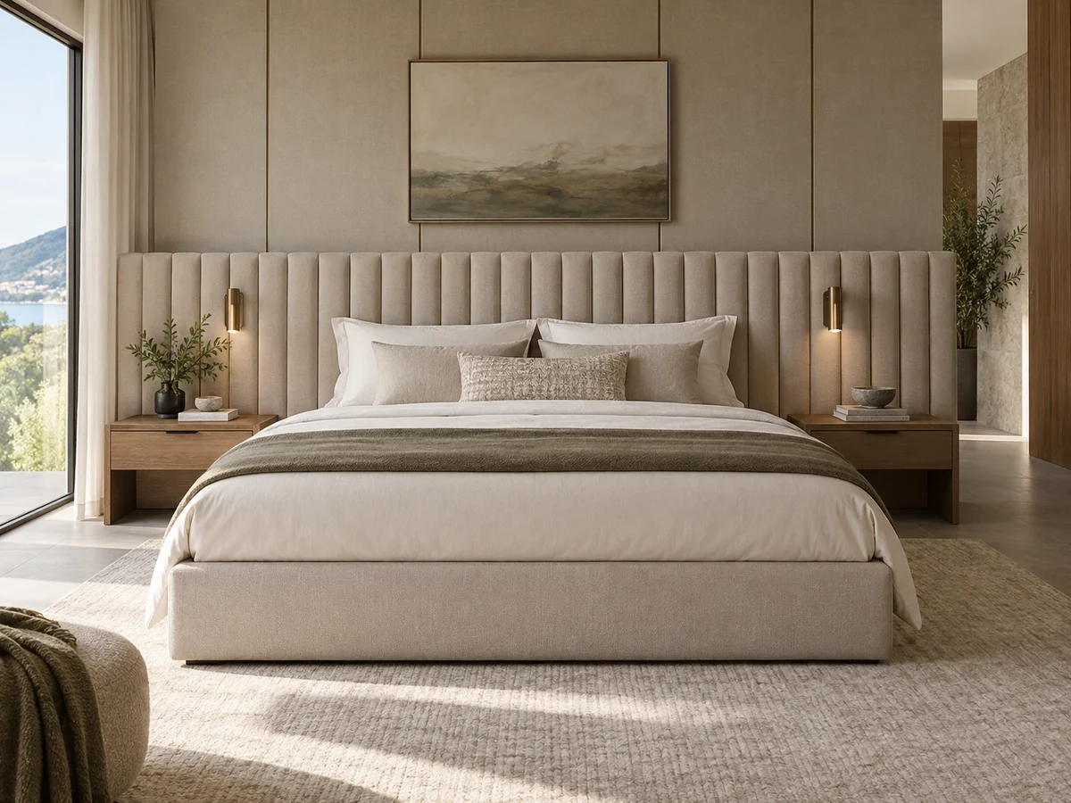 Custom upholstered bed with channelled headboard and coordinated movable bedroom furniture