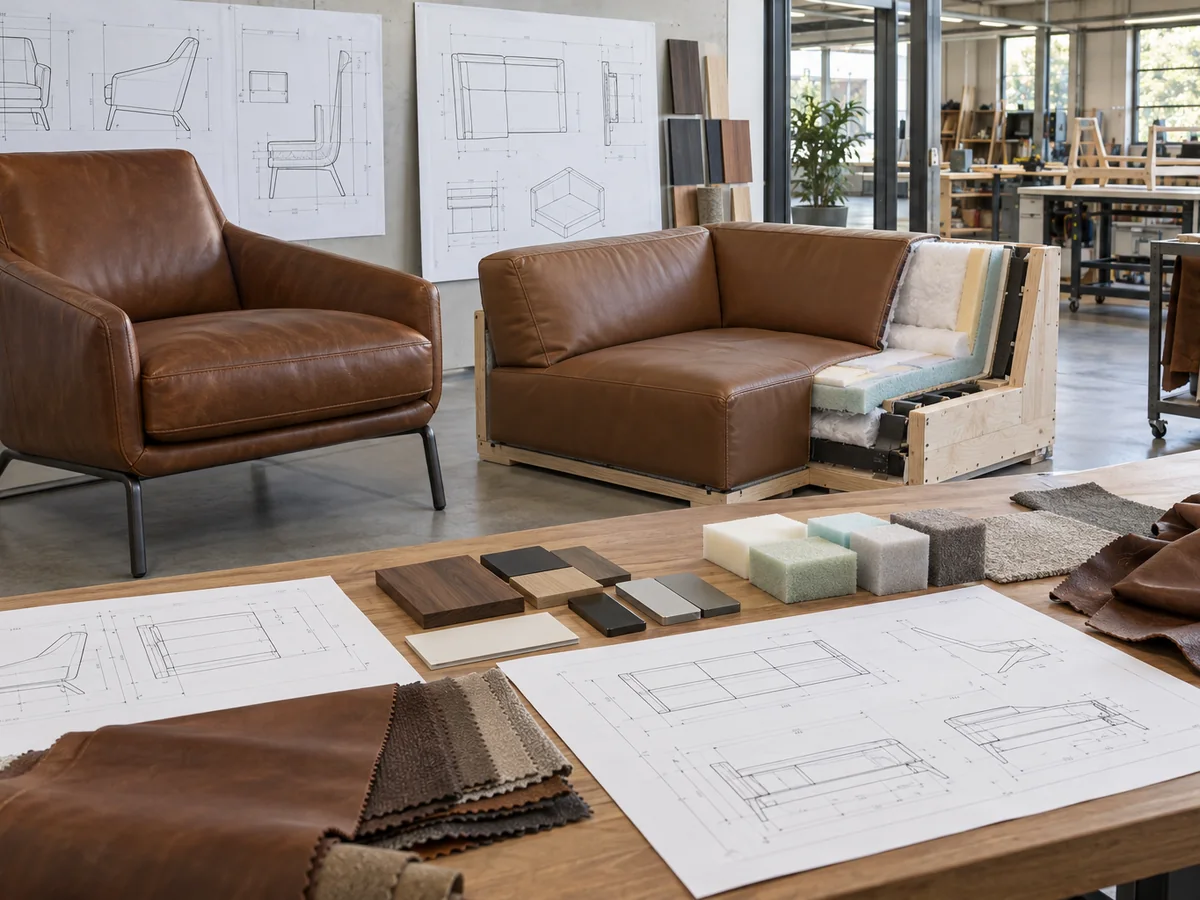 Leather chair prototype, sofa upholstery cutaway, drawings and material samples in a furniture development studio