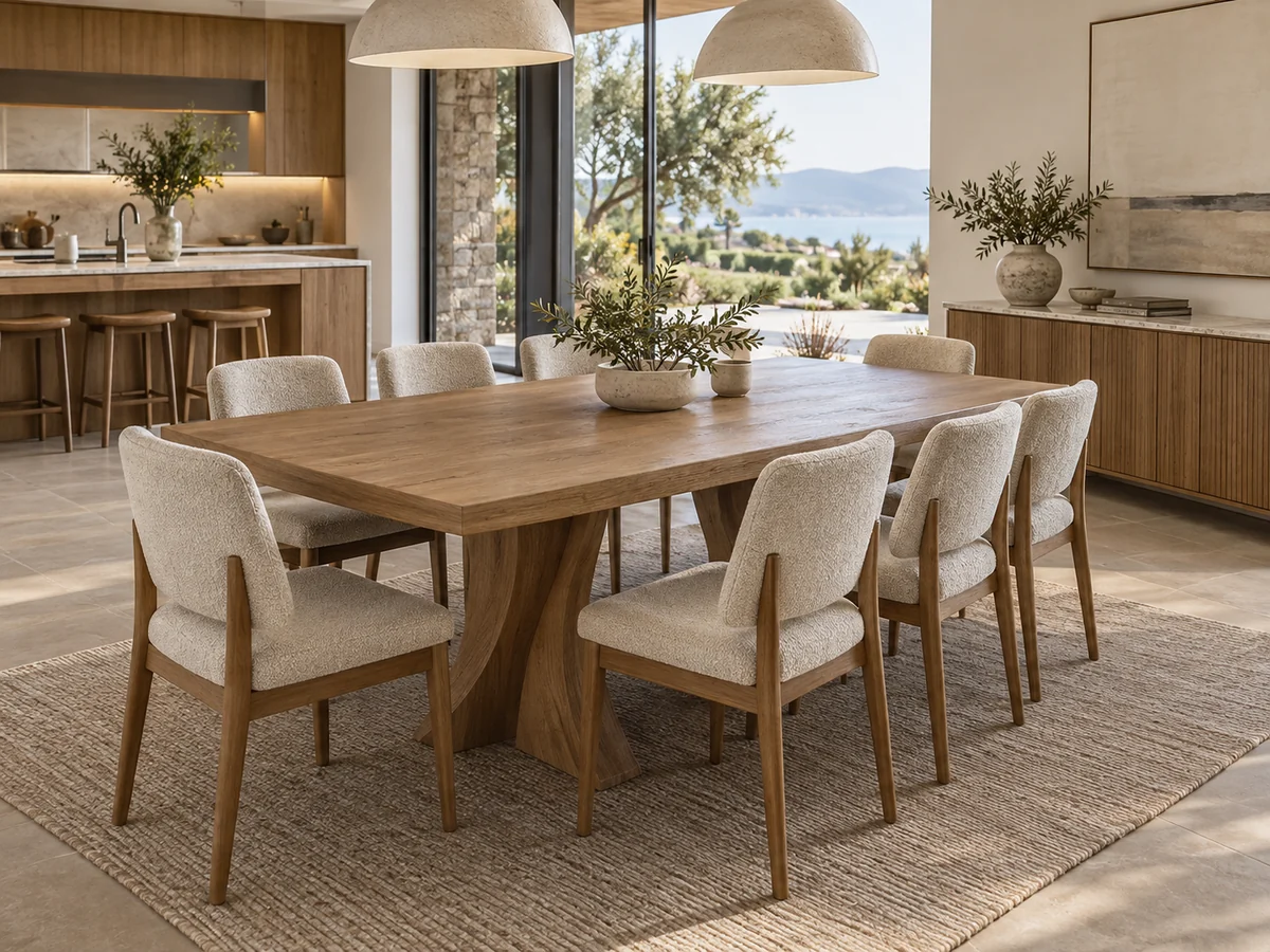 Custom solid timber dining table with coordinated upholstered dining chairs