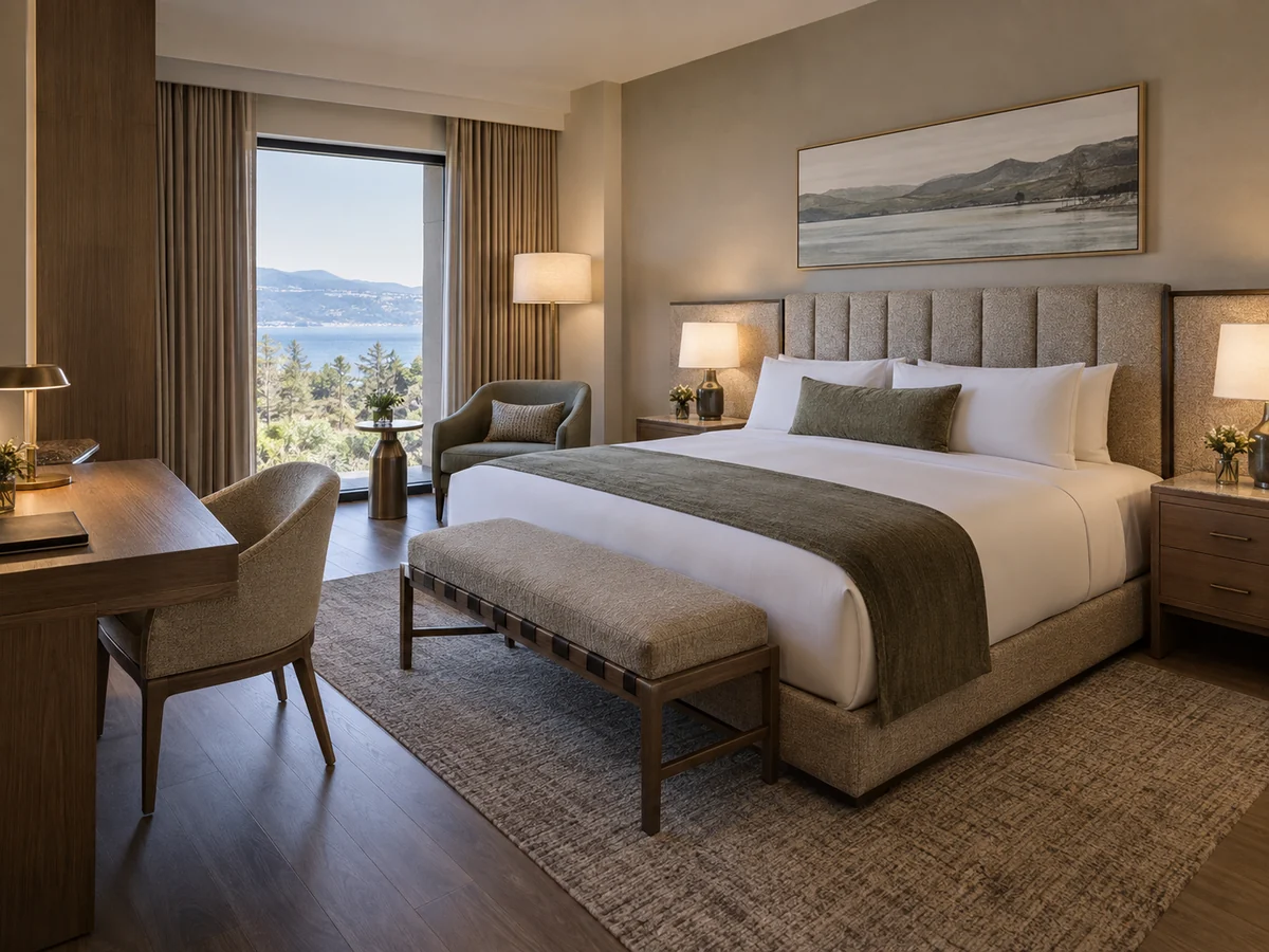 Coordinated custom bed, headboard, bedside units, desk, chair and bench in a boutique hotel guestroom