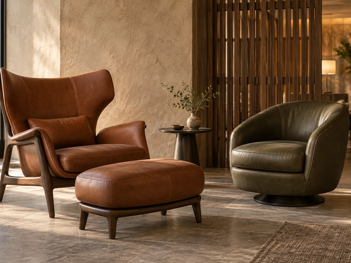 Cognac leather timber-frame lounge chair, olive leather swivel chair and matching ottoman