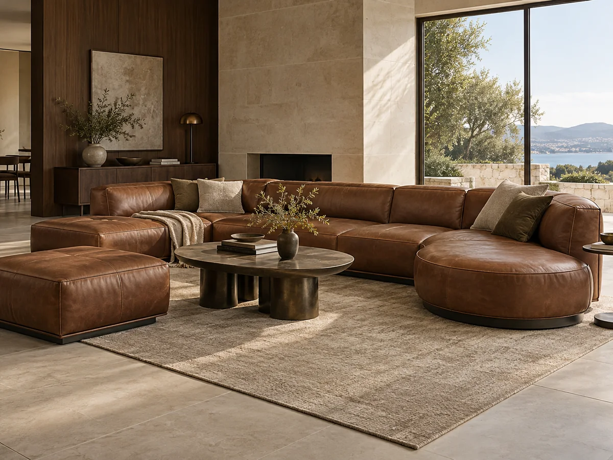 Saddle brown leather modular sectional sofa with curved terminal seat and movable ottoman