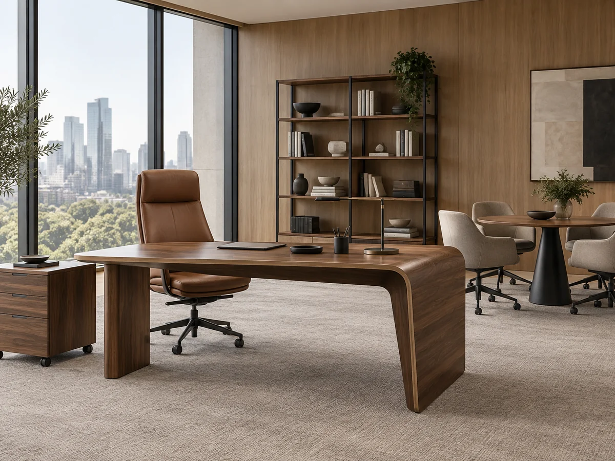 Illustrative executive office furniture with desk, credenza, meeting chairs and lounge seating