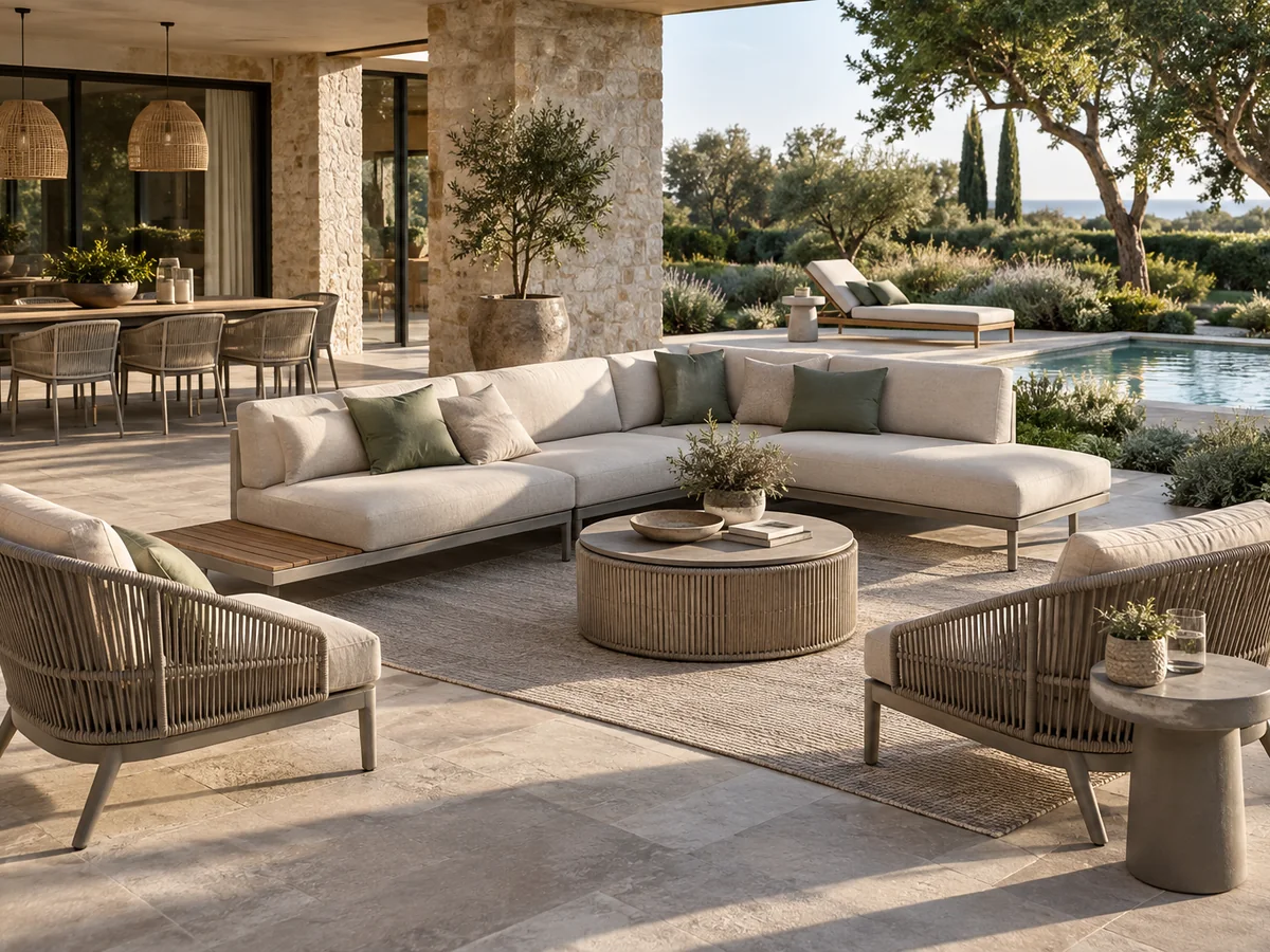 Weather-resistant outdoor modular sofa, woven lounge chairs, dining set and poolside lounger